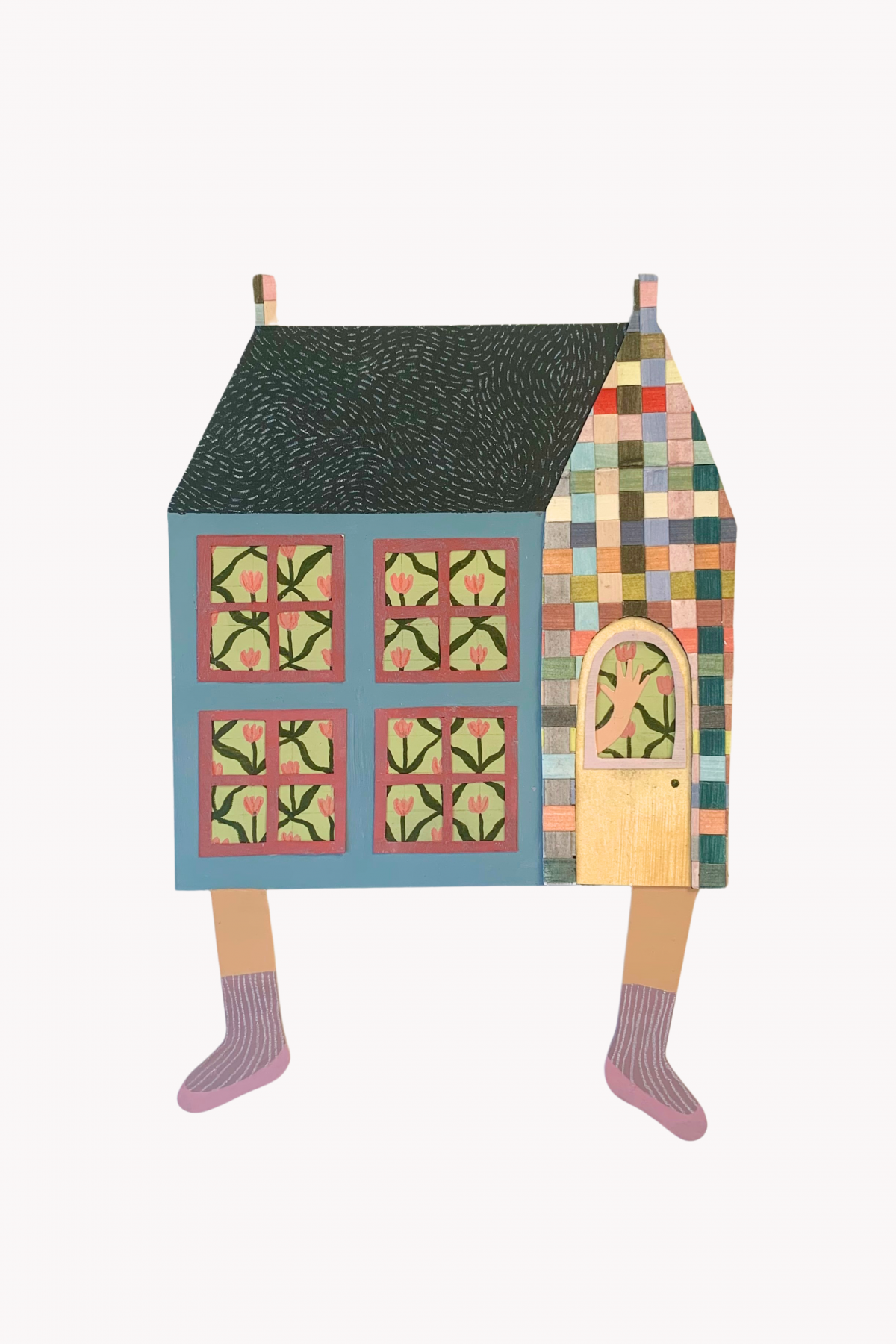 A playful artwork depicting a house with human-like legs, made of colorful patchwork patterns and textures, standing isolated against a plain background.