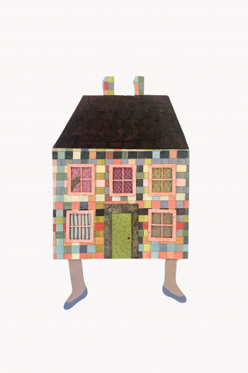 A playful artwork depicting a house with human-like legs, made of colorful patchwork patterns and textures, standing isolated against a plain background.
