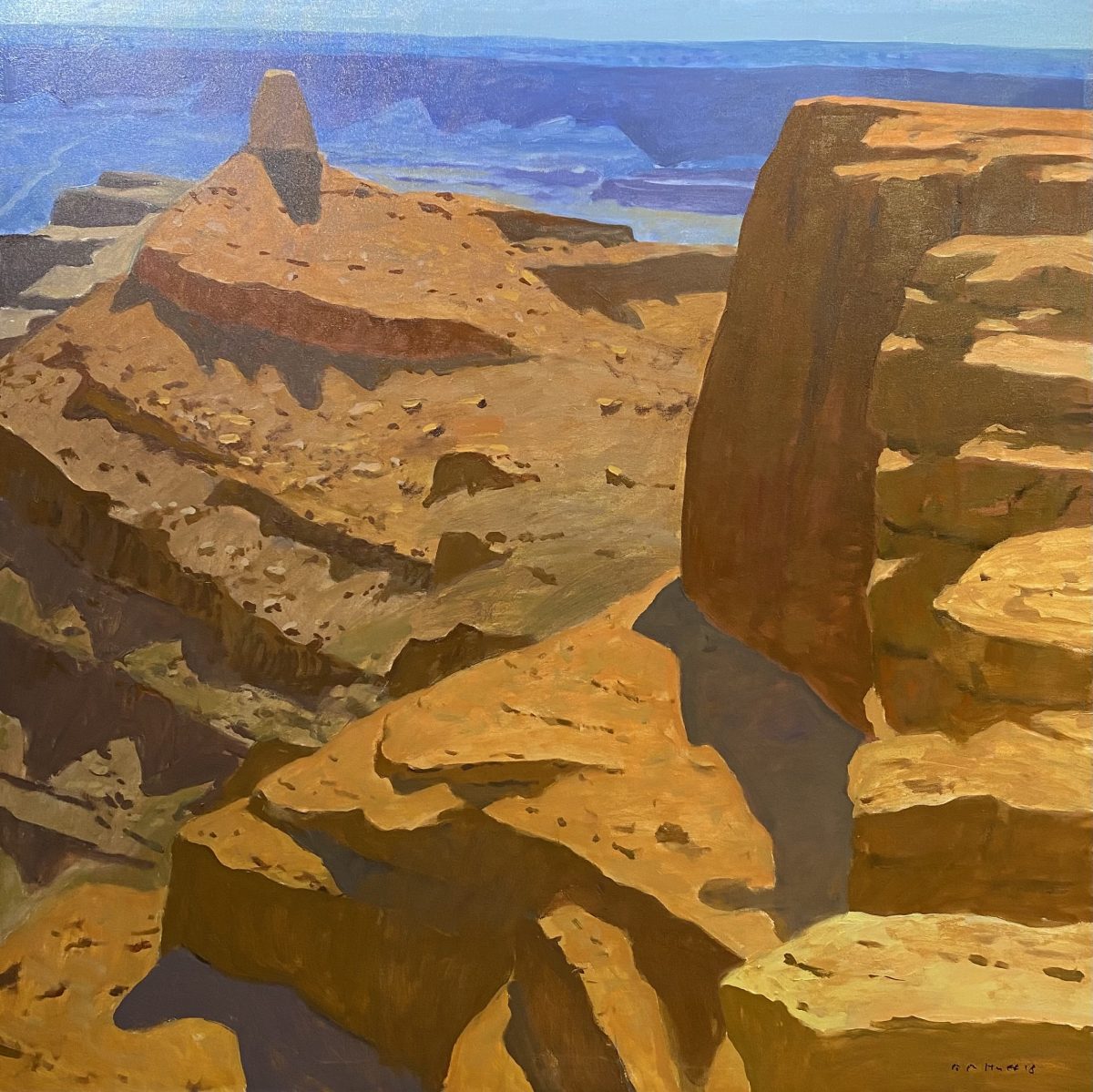 Oil painting of a canyon landscape with rugged, sunlit rock formations and a vast, blue sky in the background.