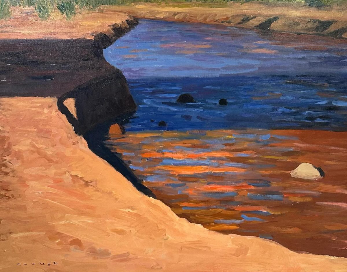 Oil painting of a riverbank at sunset, with vibrant reflections of orange and blue on the water, and a sandy, shadowed shore.