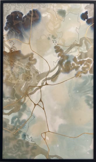 A framed painting with abstract shapes and muted colors, resembling leaves and water reflections. The background has a cloudy, textured appearance, with pastel tones of blue, gray, and green blending together, creating a peaceful, serene atmosphere.