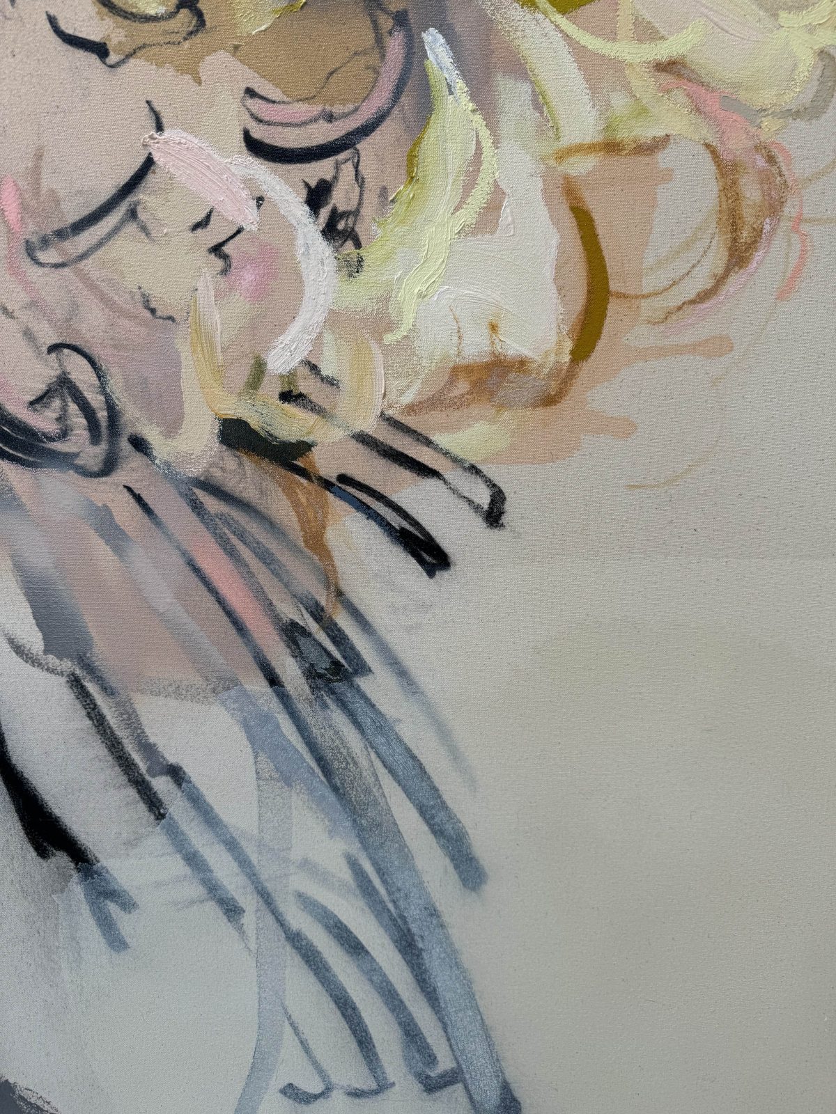 Close-up detail of Jennifer Rasmussen's abstract floral painting. The image highlights intricate strokes of pink, white, and beige in a soft, layered texture.