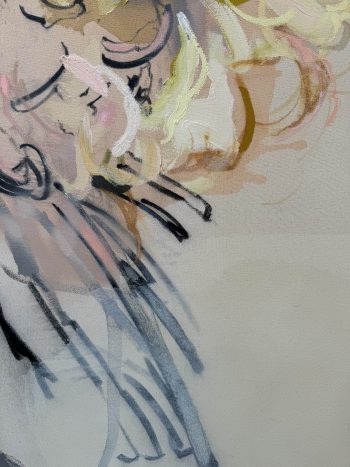 Close-up detail of Jennifer Rasmussen's abstract floral painting. The image highlights intricate strokes of pink, white, and beige in a soft, layered texture.