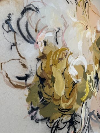 Close-up detail of Jennifer Rasmussen's abstract floral painting. The composition features swirls of yellow, white, and beige with expressive black and brown outlines defining the floral forms.