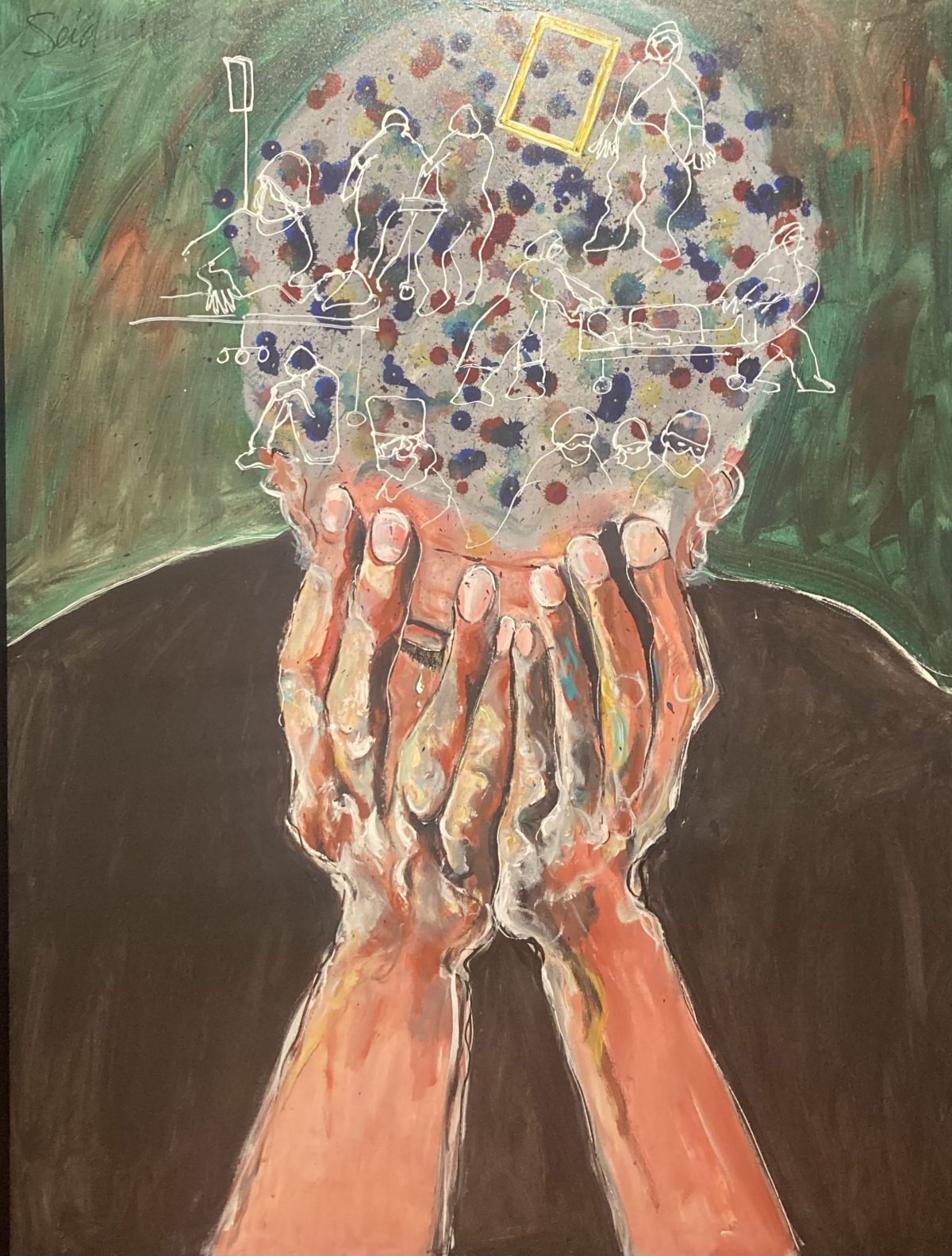 Painting of a figure resting their head in their hands, with a chaotic scene of sketched figures and objects emerging from their head. The background is green, with a sense of overwhelming emotion conveyed by the image.