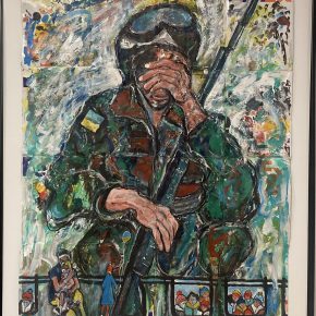 Vivid painting of a soldier crouched with their hand covering their face, set against a colorful background with a FedEx logo incorporated. At the bottom, a small scene shows people, including a mother with a child, watching below.