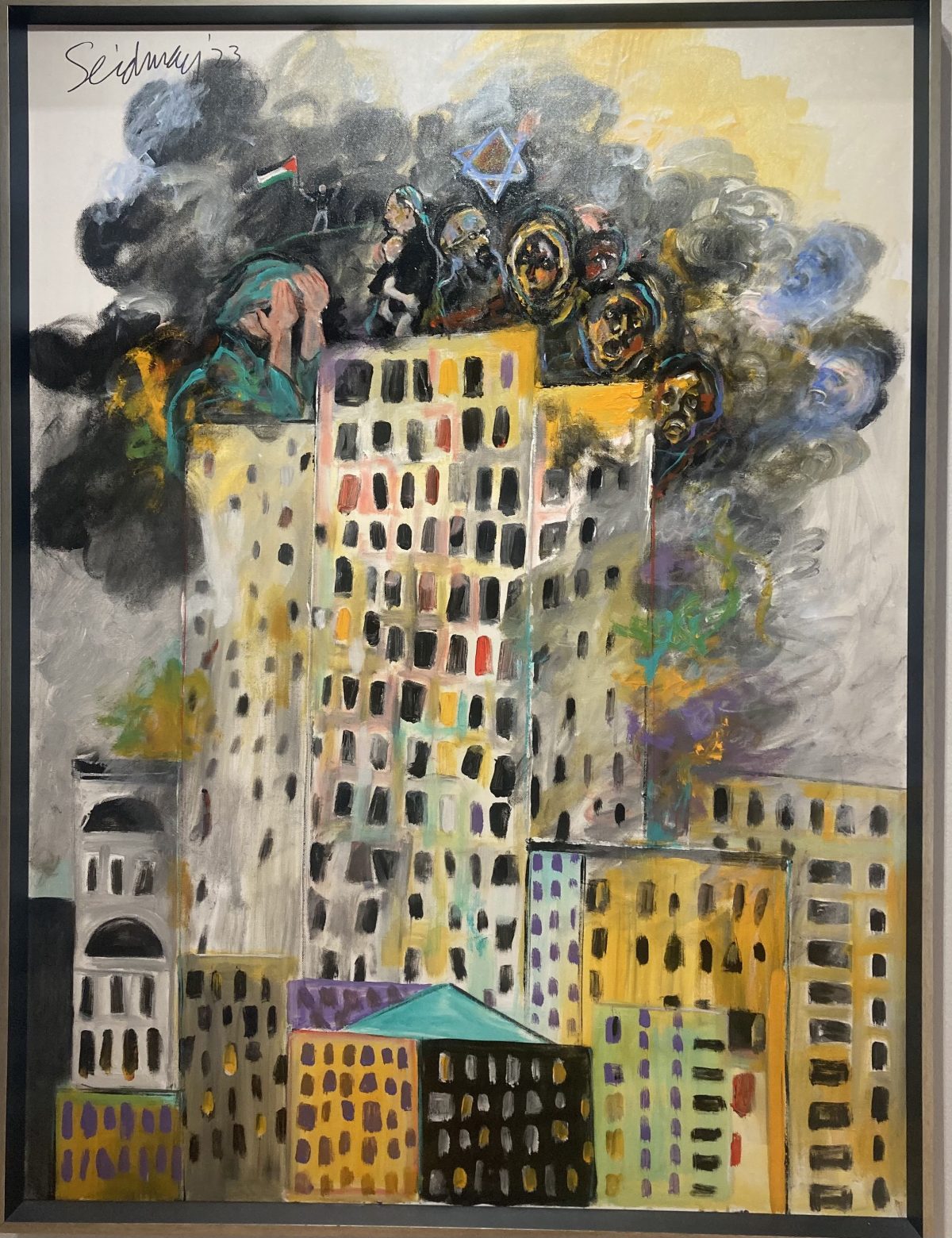Painting of a tall building on fire, with dark clouds above where people’s faces and symbols like the Star of David and Palestinian flag can be seen, symbolizing political and social tension.
