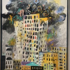 Painting of a tall building on fire, with dark clouds above where people’s faces and symbols like the Star of David and Palestinian flag can be seen, symbolizing political and social tension.
