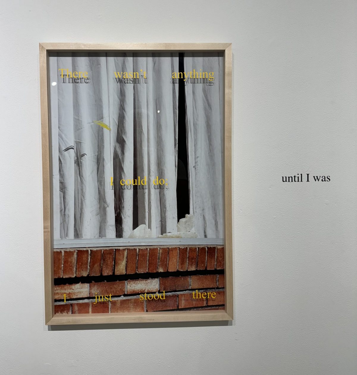 Photograph of a curtained window with text reading 'There wasn’t anything I could do; I just stood there.'