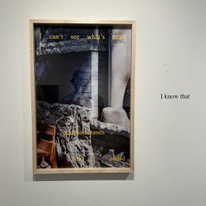 Photograph of an architectural space, possibly a ruin or abandoned building, with text overlay that reads 'I can’t see what’s next, and sometimes I am afraid.'