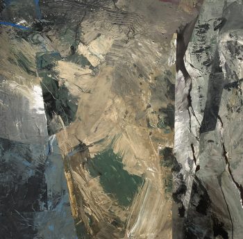 An abstract painting with textured brushwork in earthy tones of beige, green, and brown, layered with dynamic strokes and abstract shapes.