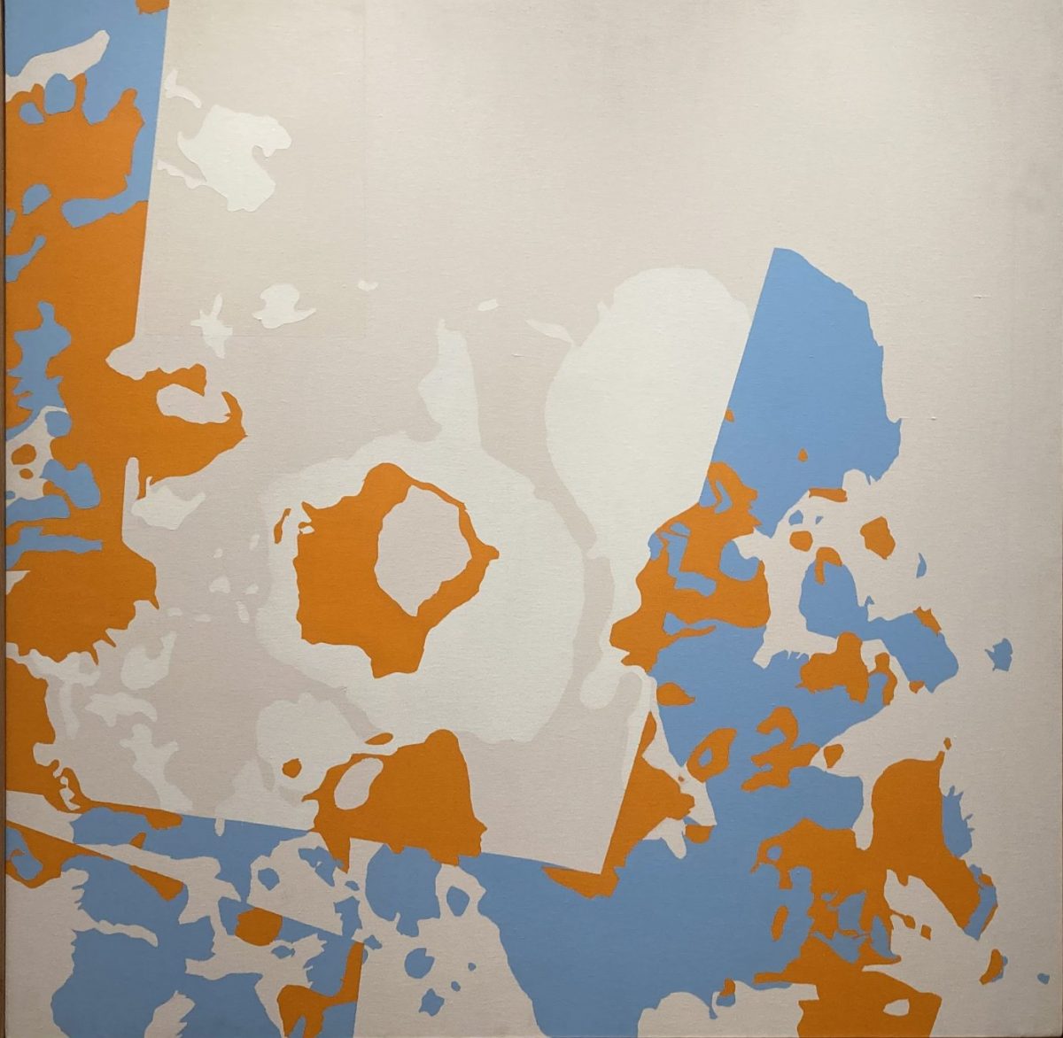 A large abstract canvas featuring organic orange and blue shapes on a neutral white background, creating a sense of contrast and form.