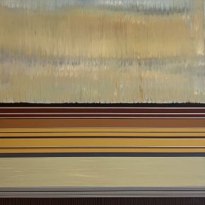 An abstract painting with horizontal bands of color, representing a landscape. The upper section resembles a sky or grassy field, while the lower layers use earthy tones and lines, evoking a sense of place and natural beauty.