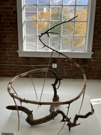 An abstract sculpture incorporating curved wooden branches and natural tree limbs, placed in front of a large window with a scenic view of autumn foliage and mountains.