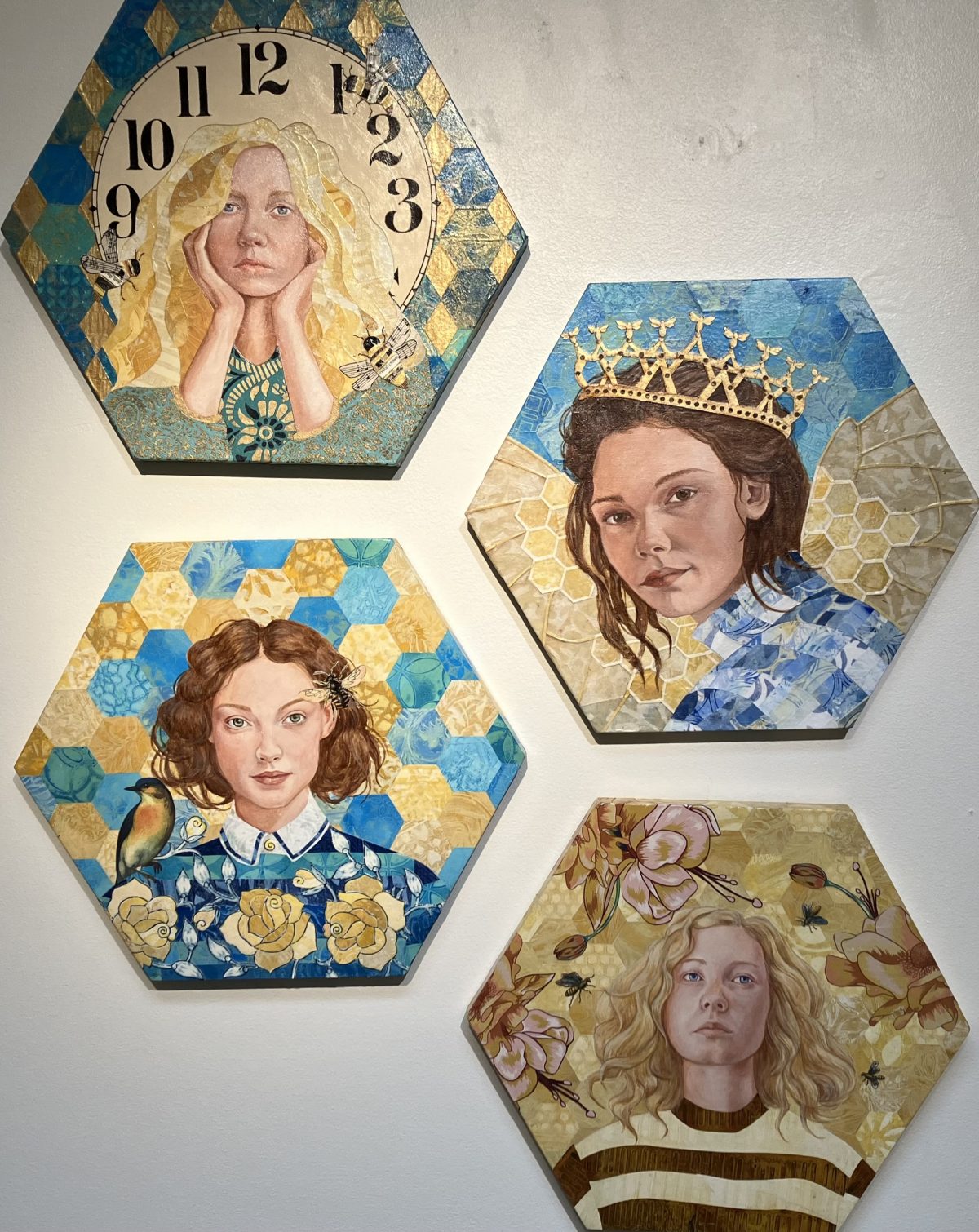 A series of four hexagonal portraits of women, each featuring unique elements such as bees, flowers, a clock motif, and golden crowns, set against vibrant blue and gold honeycomb-like patterns.