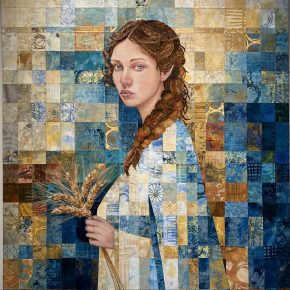 Portrait of a young woman with auburn braided hair, holding a bundle of wheat in her hand, dressed in shades of blue and gold, against a mosaic-like background with squares of intricate textures and patterns.