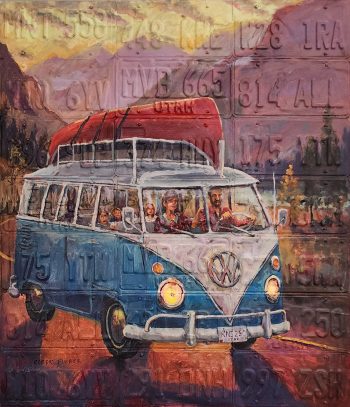 A vibrant painting of a classic Volkswagen bus filled with passengers, driving through a scenic mountain road, overlaid with textures of Utah license plates.
