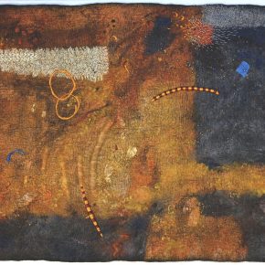 An abstract felt artwork with a rich, earthy palette. The piece includes elements like stitched circles, vibrant lines, and textured patterns, creating a dynamic composition.