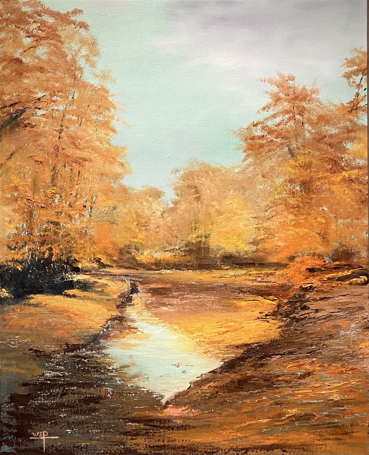 A painting titled "Bear River Autumn" by Bill Petersen, depicting a serene autumn landscape with vibrant orange and yellow trees surrounding a tranquil river under a pale blue sky.
