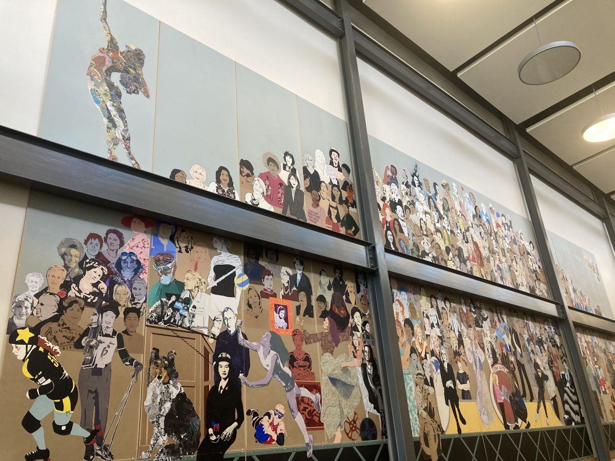A detailed section of the mural highlighting prominent women figures, including historical, contemporary, and fictional representations, interacting in a dynamic composition.