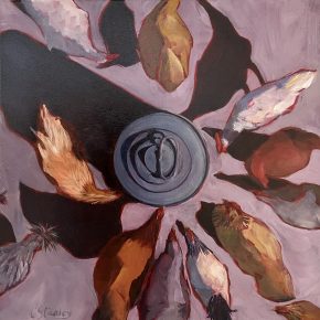 An abstract painting featuring a circular, metallic object at the center, surrounded by colorful feathers arranged radially on a purple-toned background.