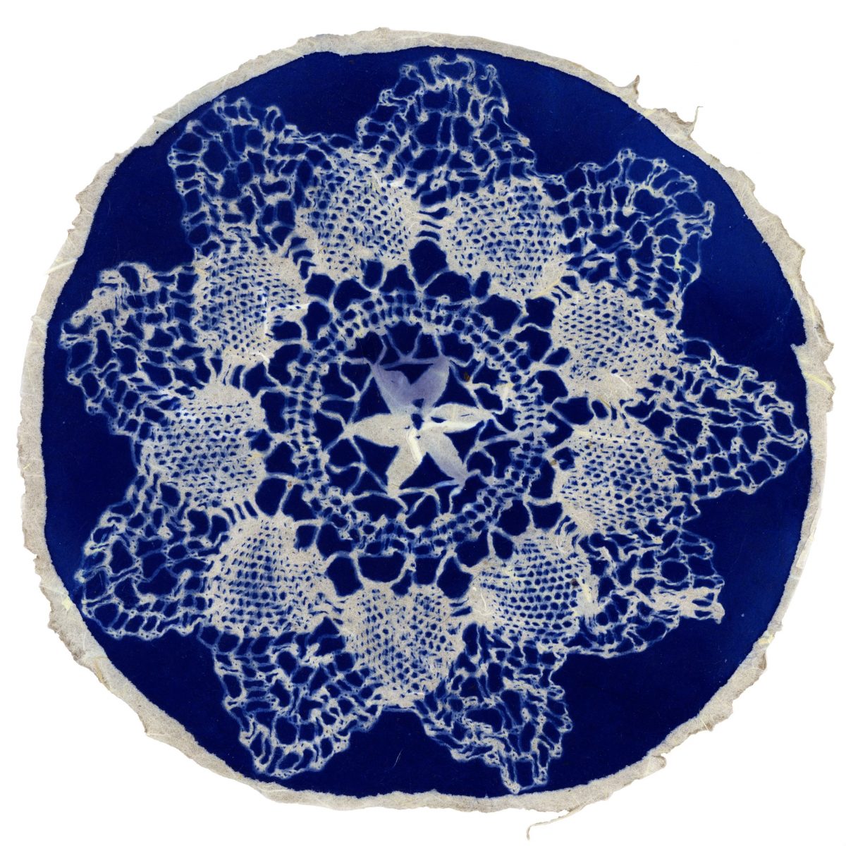 A cyanotype print of a delicate lace doily design, with intricate patterns in stark white set against a deep blue circular background.