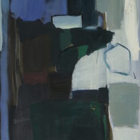 Abstract composition with dark, earthy greens, deep blues, and soft neutral tones arranged in layered, geometric forms.