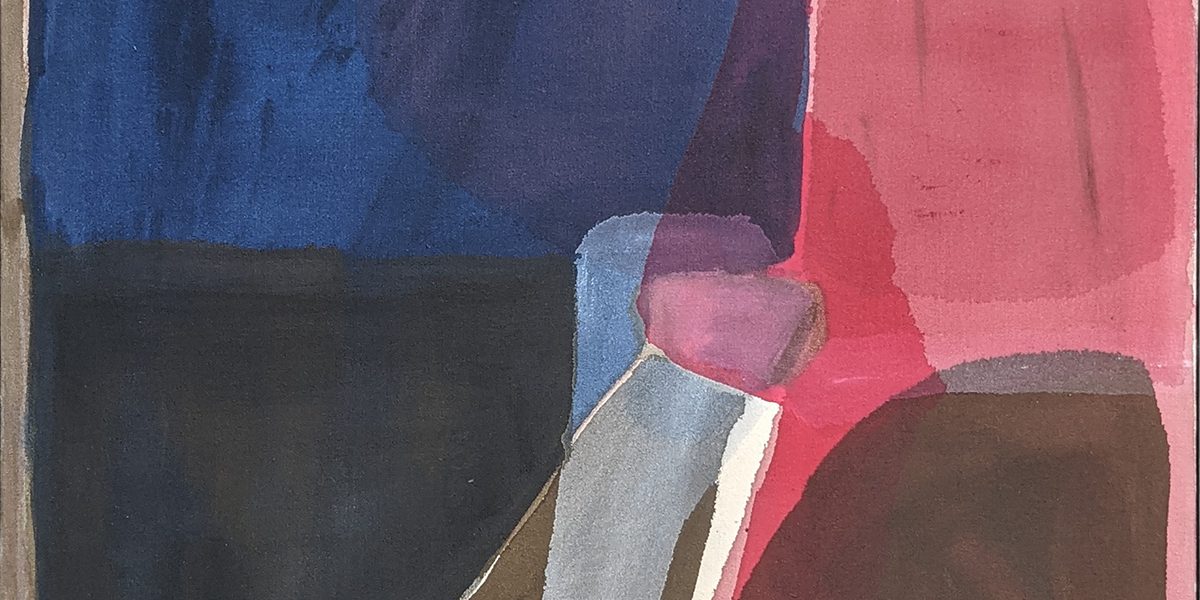 Abstract painting with an interplay of deep blue, pink, and brown forms, evoking a sense of depth and shifting structures.