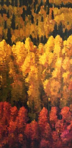 A tall-format oil painting of a dense aspen forest at the height of autumn. The trees’ golden leaves contrast with the darker shadows, creating a warm, immersive scene filled with texture and rich color.