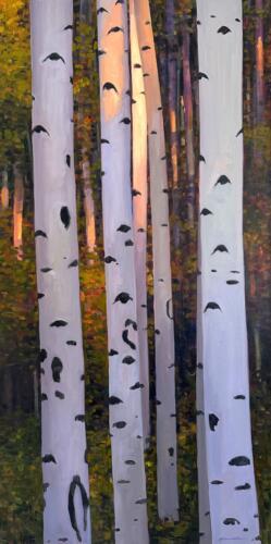 A vertical painting of slender aspen trunks illuminated by a golden glow. The soft interplay of light and shadow enhances the natural beauty of the scene, evoking a peaceful, autumnal forest.