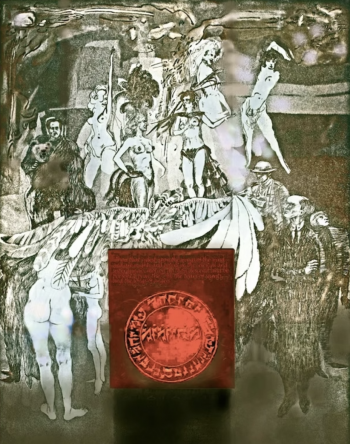 A black-and-white collage-style artwork depicting a chaotic gathering of figures, including nude women, winged creatures, and formally dressed men. A prominent red circular symbol with ancient script is embedded in the composition.