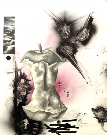 Mixed media artwork featuring a large, detailed graphite drawing of an apple core resembling a human torso, surrounded by abstract black ink brushstrokes, a pink background wash, and small figurative elements like lanterns and vintage photo snippets.Mixed media artwork fe