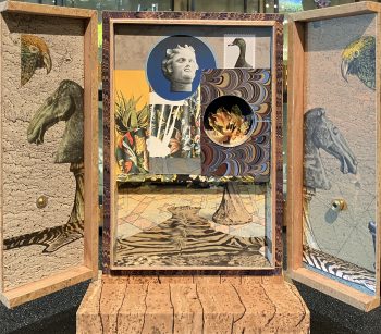 A mixed-media painting featuring two galloping horses alongside graphic patterns. The painting incorporates bold typography with the word "STOP" prominently displayed.