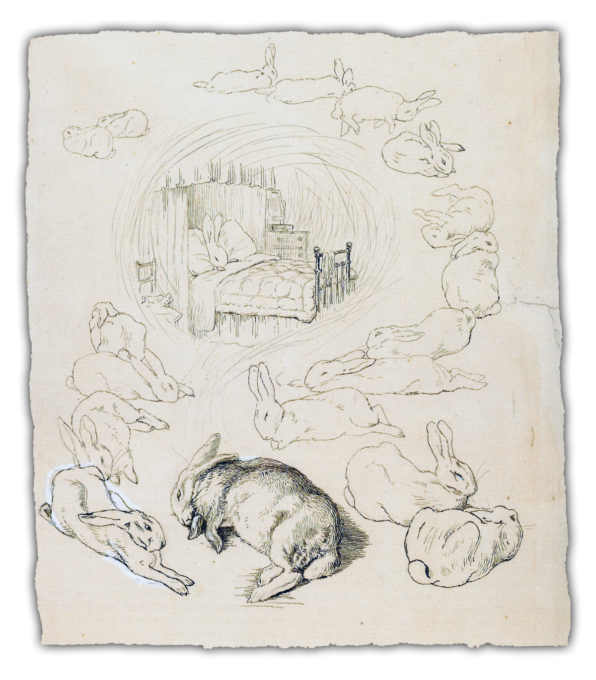 Sketch of numerous rabbits in various resting and sleeping positions, surrounding a central image of a bed with a rabbit tucked in under the covers, suggesting a dreamlike or bedtime scene.