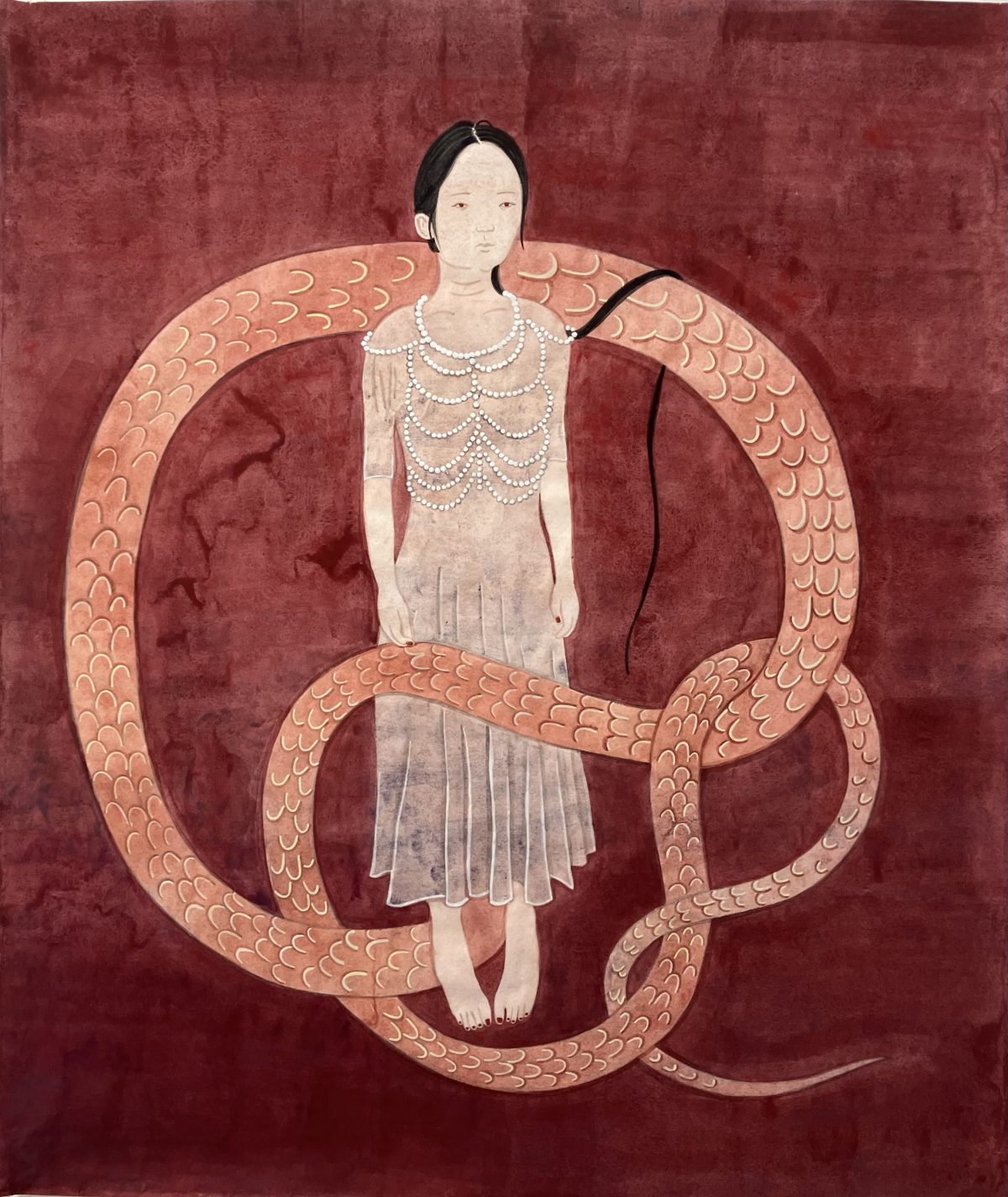 A stylized figure of a woman in a sheer dress adorned with pearls stands against a deep red background, her expression calm. A large serpent coils around her body, forming a loop that frames her in a protective or entrapping gesture.