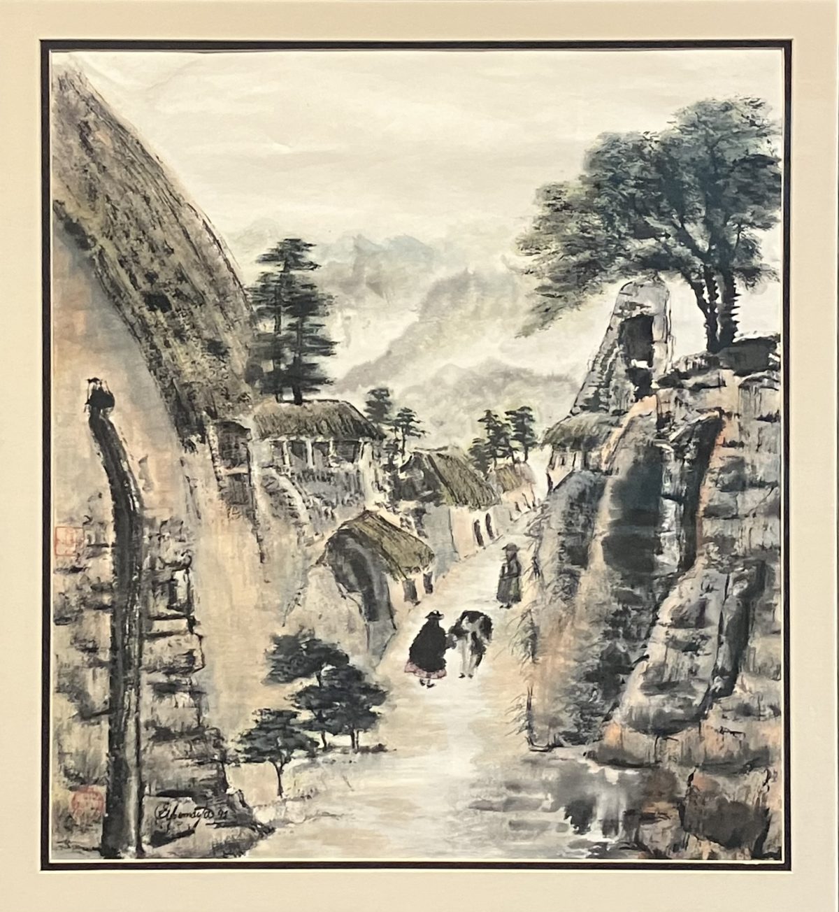 A Chinese ink-style painting of a narrow street in Cuzco at dawn, lined with stone homes and steep cliffs, with a few figures walking in traditional dress.