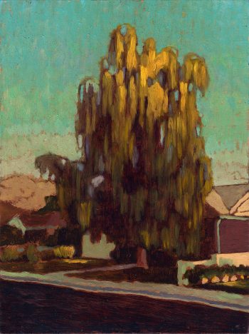Oil painting of a golden willow tree in a suburban setting, under a turquoise sky.