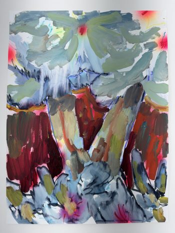 An expressive painting featuring bold, gestural strokes of red, olive green, and slate blue. The composition suggests a surreal landscape with jagged rock-like forms and misty, clouded skies. A red burst at the top center evokes a glowing sun or flower.