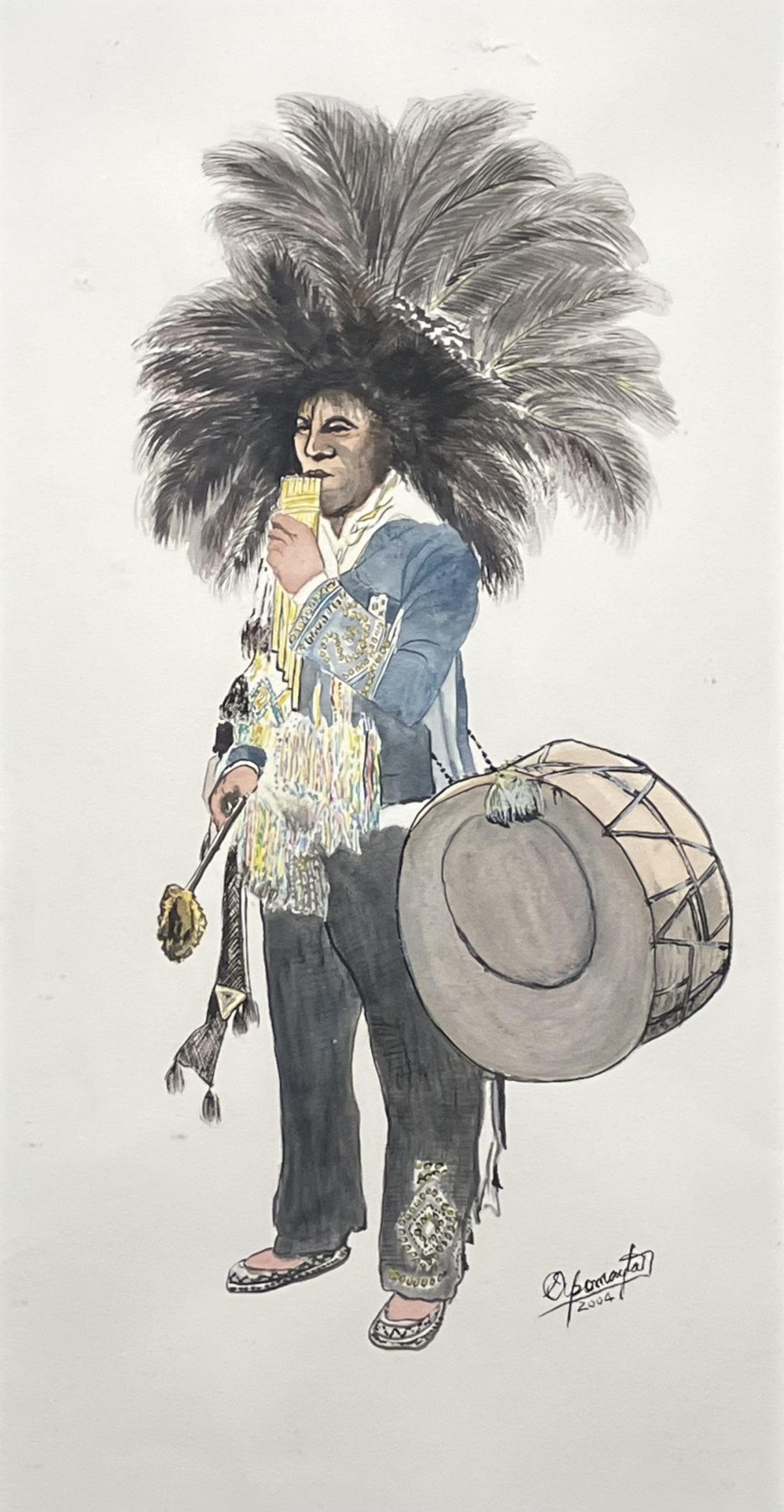 A watercolor painting of a Peruvian musician in traditional attire, featuring a massive feathered headdress, colorful ribbons, a large drum, and a pan flute.
