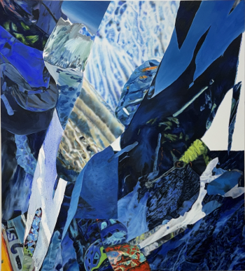 A blue-toned abstract collage featuring shards of photographic imagery and painted textures. The composition evokes glacial ice, climbing gear, and alpine landscapes, with visual references to ropes, helmets, and snow-covered peaks.