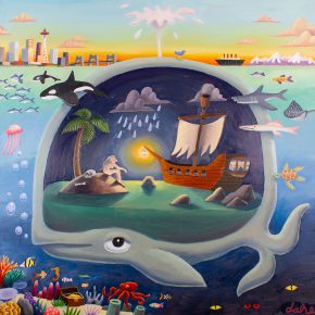 Surreal painting of a whale with a cross-section interior showing an island, a ship, and a mermaid-like figure inside its belly, surrounded by sea life and a cityscape in the background; artwork by Trevor Dahl.