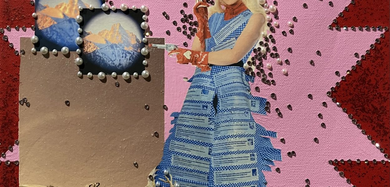 A glittery pink and red collage featuring a cowgirl in a blue outfit pointing toy guns at framed images of mountains, with text and pearl embellishments scattered throughout.