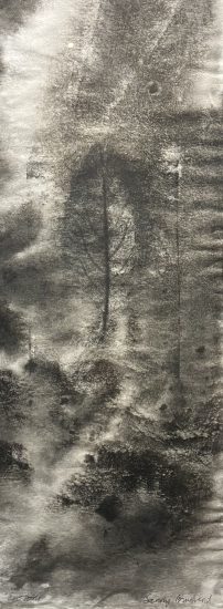 A tall grayscale painting featuring a central vertical leaf shape emerging from a soft, clouded landscape.