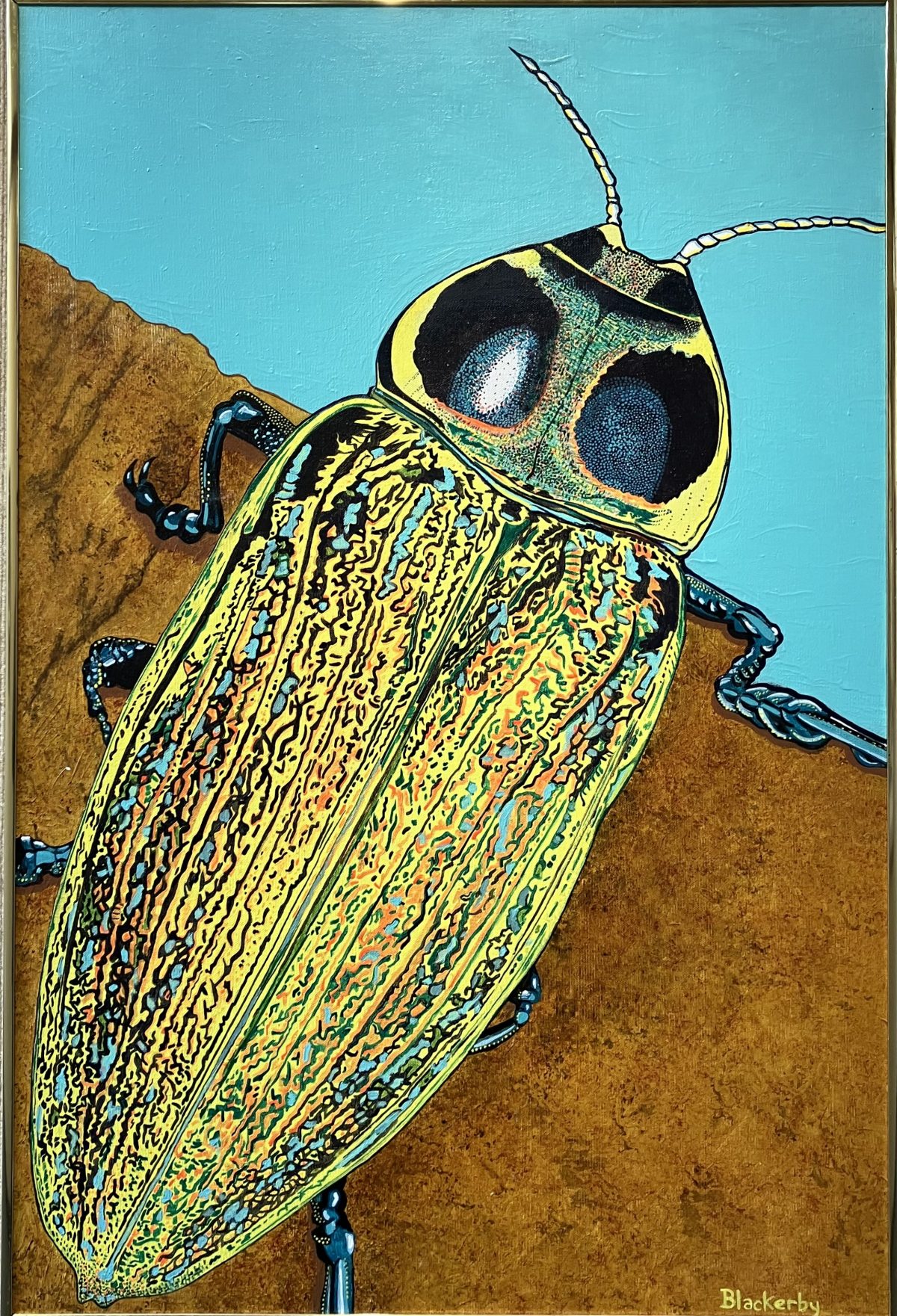 A close-up, vibrantly colored painting of a jewel-toned beetle with iridescent green, yellow, and orange markings, set against a turquoise background and brown surface. The stylized insect is rendered in sharp detail, evoking both scientific illustration and pop art sensibility.