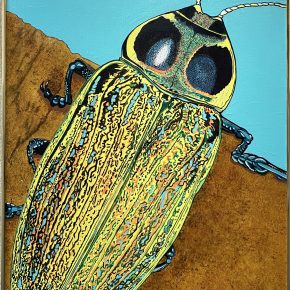 A close-up, vibrantly colored painting of a jewel-toned beetle with iridescent green, yellow, and orange markings, set against a turquoise background and brown surface. The stylized insect is rendered in sharp detail, evoking both scientific illustration and pop art sensibility.