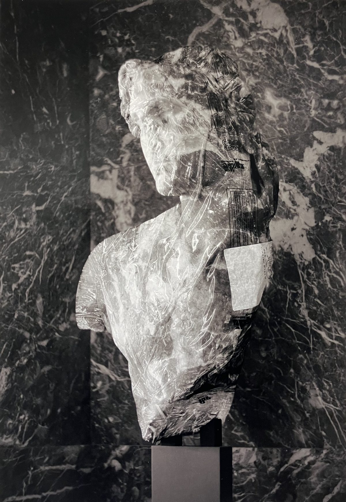 Photograph of a classical bust overlaid with the translucent texture of a plastic bag, partially obscuring the features of the sculpture.