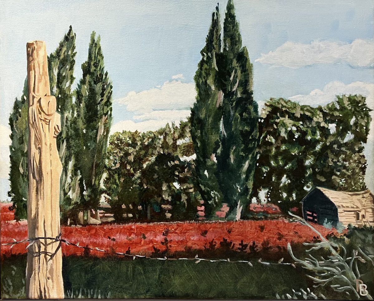 A serene landscape painting depicting a red field behind a barbed wire fence, with a carved wooden fence post in the foreground and tall poplars lining the back. A small shed or cabin sits near the right edge, and bright daylight fills the sky with scattered clouds.