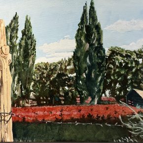 A serene landscape painting depicting a red field behind a barbed wire fence, with a carved wooden fence post in the foreground and tall poplars lining the back. A small shed or cabin sits near the right edge, and bright daylight fills the sky with scattered clouds.