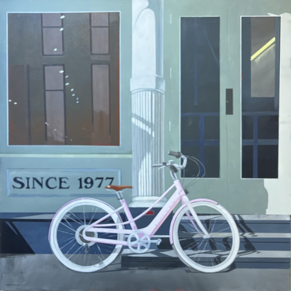 Painting of a storefront with large windows and the words “Since 1977” on a wall, featuring a pale pink bicycle leaning against the building.