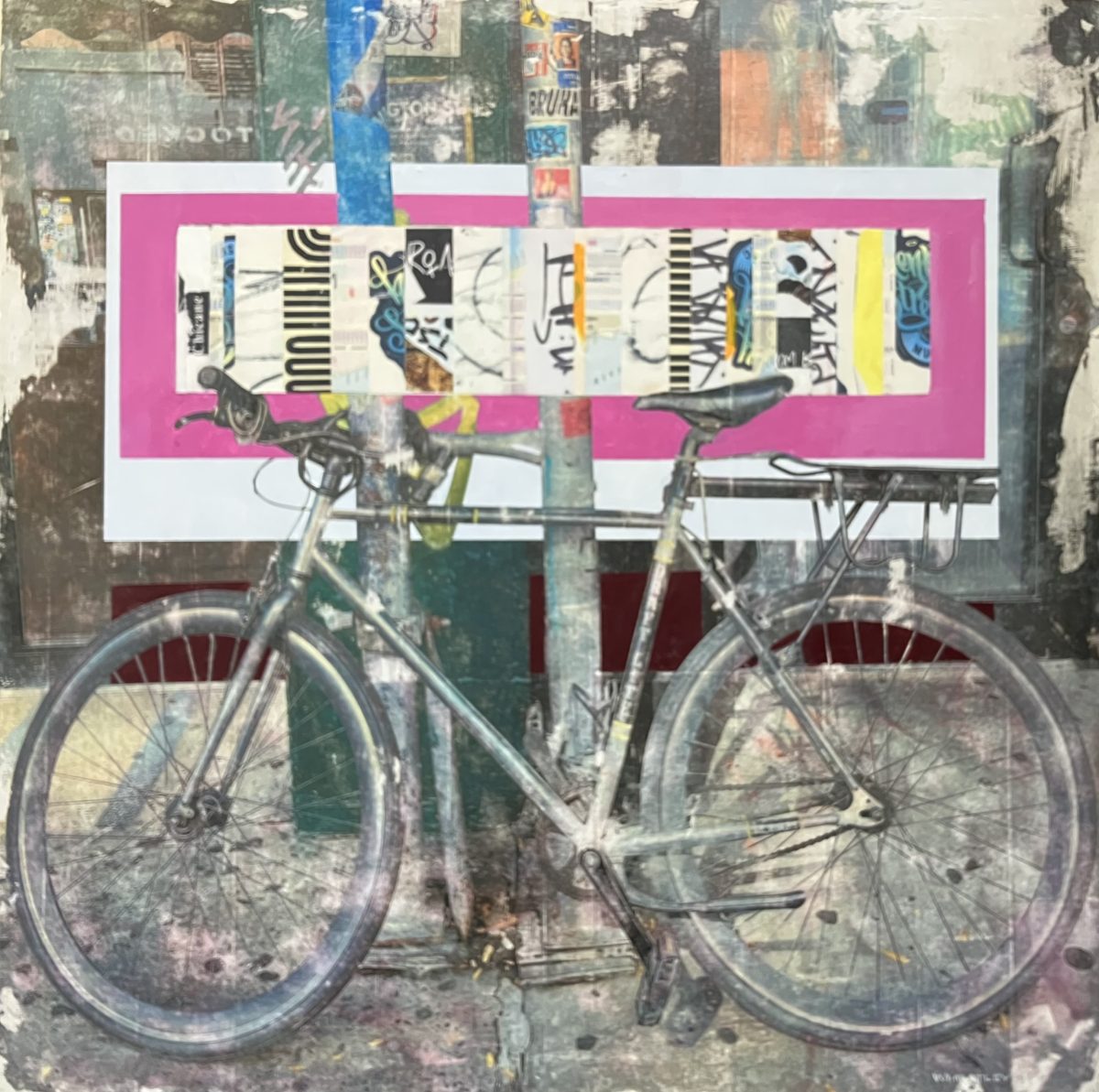 Mixed-media style painting of a weathered bicycle leaning against a post covered in layered posters and graffiti, with a bright pink rectangular collage in the background.